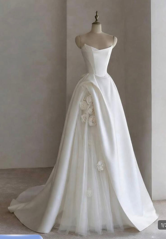 Elegant A-line Strapless Wedding Dress White Satin Long Prom Dress MD028