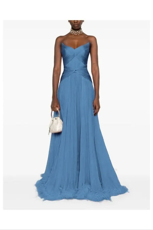 Elegant Sheath Off-the-Shoulder Evening Dress Blue Long Party Dress MD031