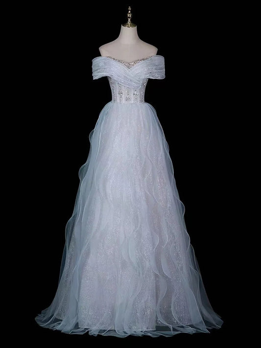 A-line Off Shoulder Ruffles Tulle Sequin Light Blue Long Prom Dress MD033