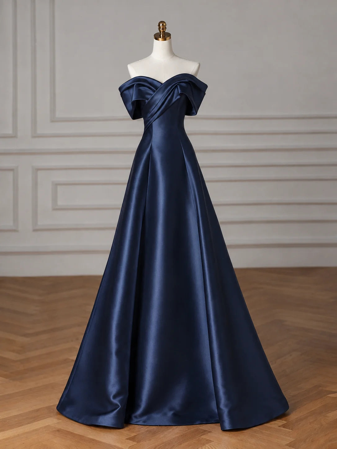 Off Shoulder A-line Satin Dark Blue Long Prom Dress, Dark Blue Long Formal Dress MD034