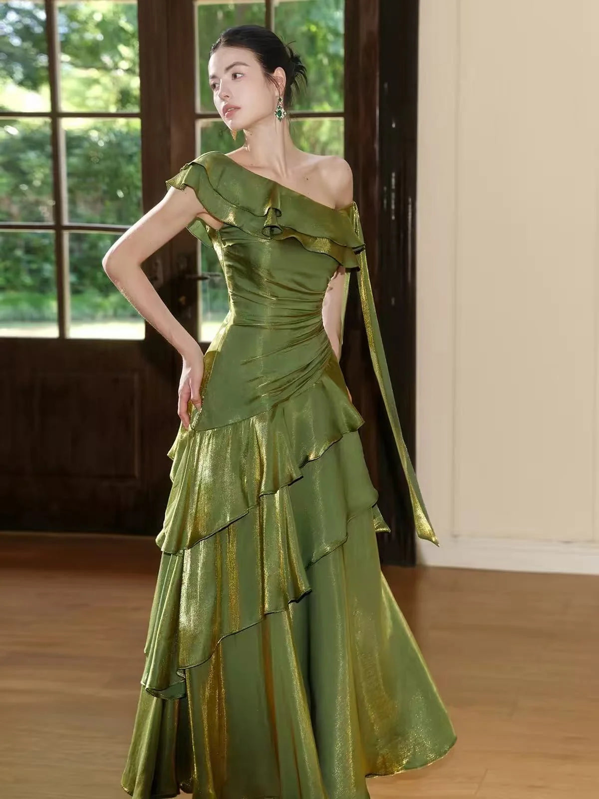 A-line One Shoulder Silk Green Long Prom Dress MD035