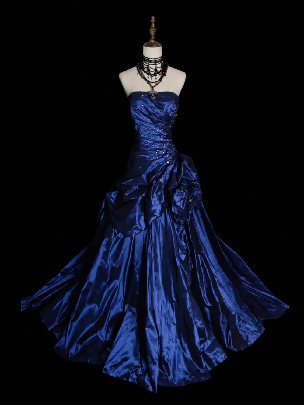 Blue Strapless Beaded Satin Prom Gown with Ruffled Skirt MD036