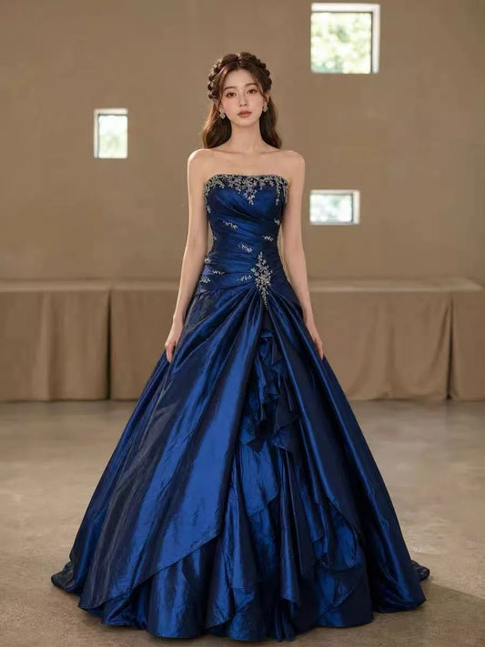 A-line Satin Blue Long Prom Dress, Blue Long Evening Dress with Lace Sequin MD037