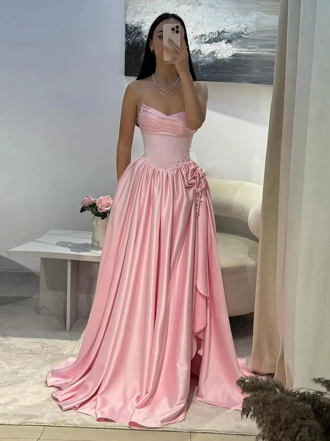 A-Line Satin Pink Long Prom Dress with Flower Beads MD038