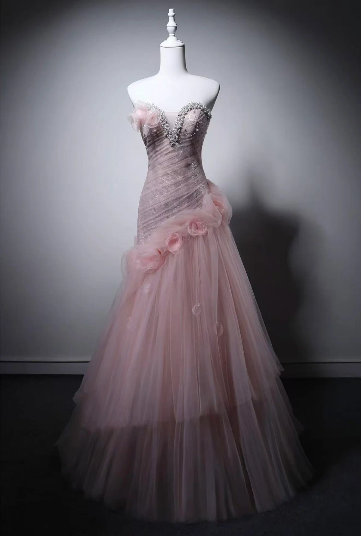 Unique Sweetheart Tulle Long Pink Prom Dress with Beads MD039