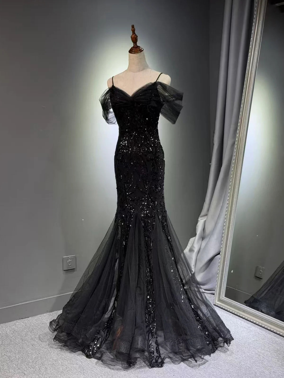 Mermaid Off Shoulder Tulle Sequin Lace Black Long Prom Dress MD040