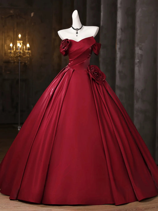 A-line Sweetheart Floor Length Satin Burgundy Long Prom Dress MD041