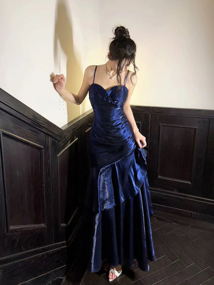 Simple Spaghetti straps Neck Ruffles Dark Blue Prom Dress, Blue Party Dress MD042
