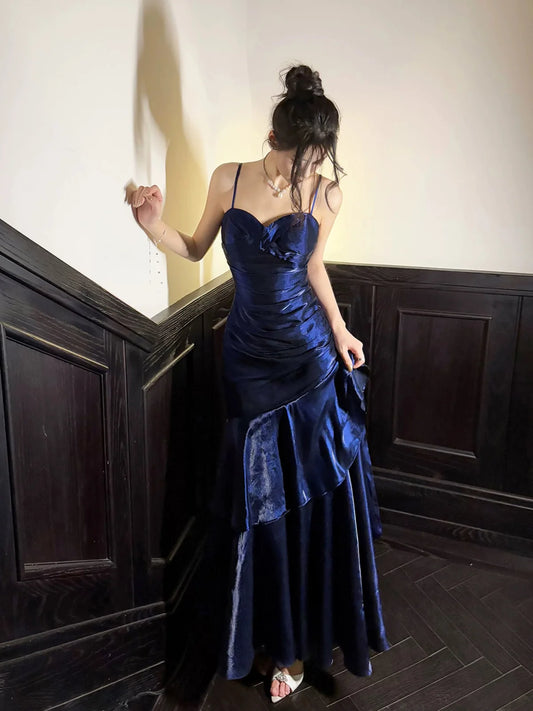 Simple Spaghetti straps Neck Ruffles Dark Blue Prom Dress, Blue Party Dress MD042