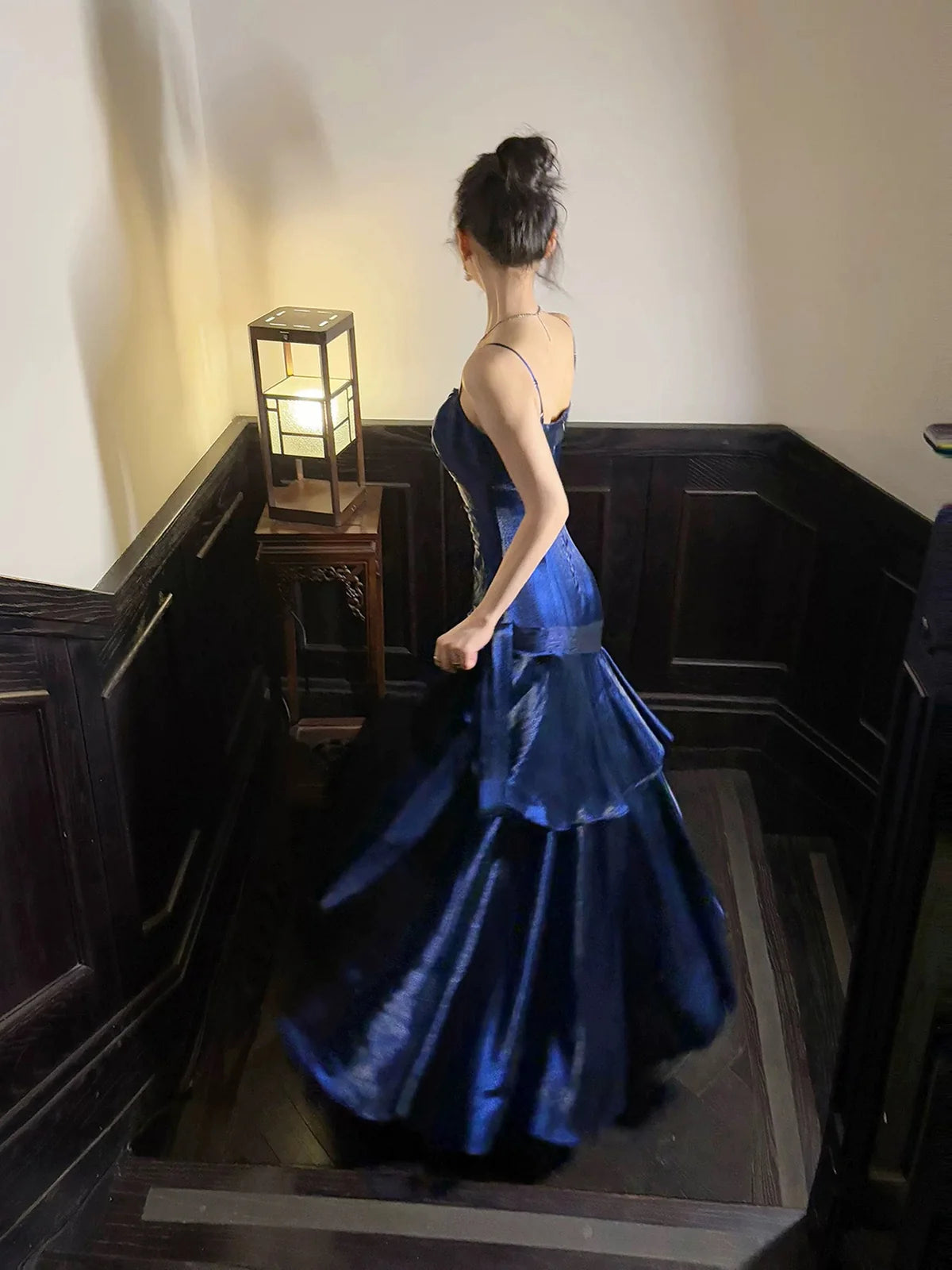 Simple Spaghetti straps Neck Ruffles Dark Blue Prom Dress, Blue Party Dress MD042