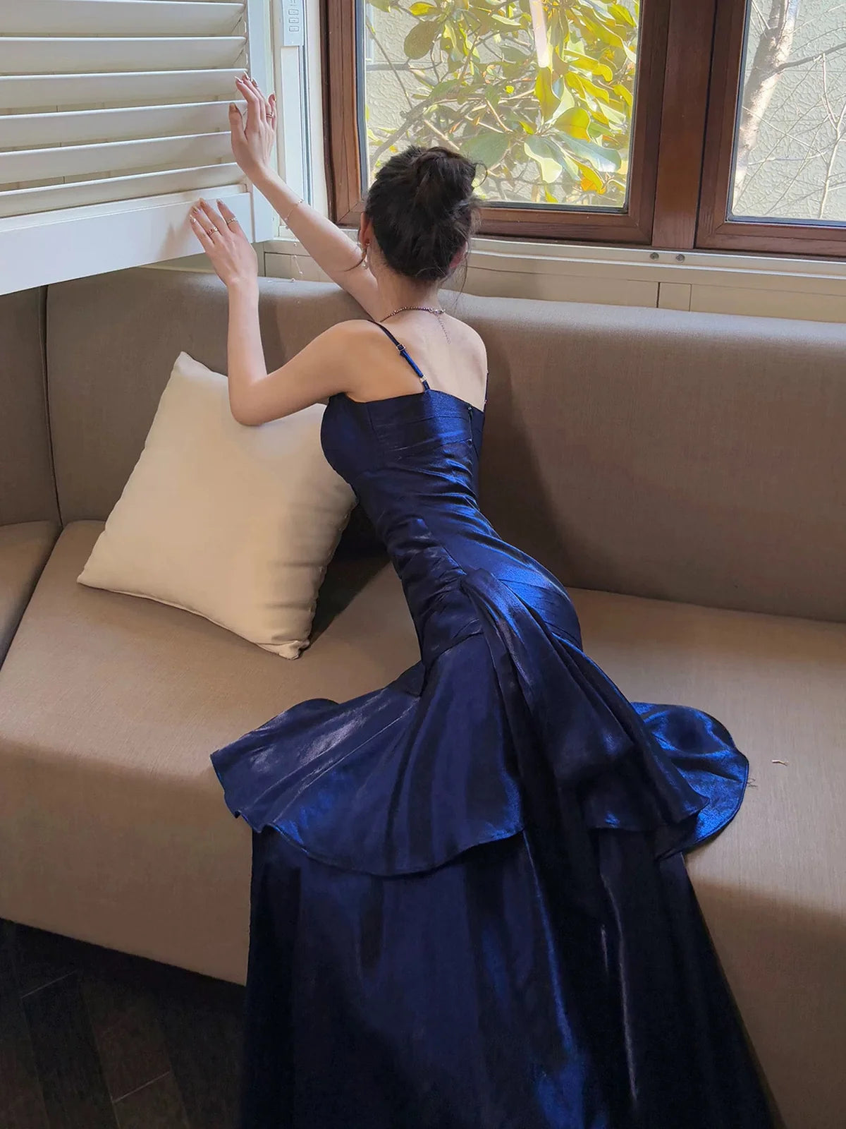 Simple Spaghetti straps Neck Ruffles Dark Blue Prom Dress, Blue Party Dress MD042