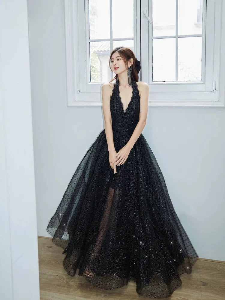 A-Line V Neck Tulle Floor Length Black Prom Dress, Black Party Dress MD043