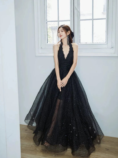 A-Line V Neck Tulle Floor Length Black Prom Dress, Black Party Dress MD043