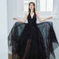 A-Line V Neck Tulle Floor Length Black Prom Dress, Black Party Dress MD043