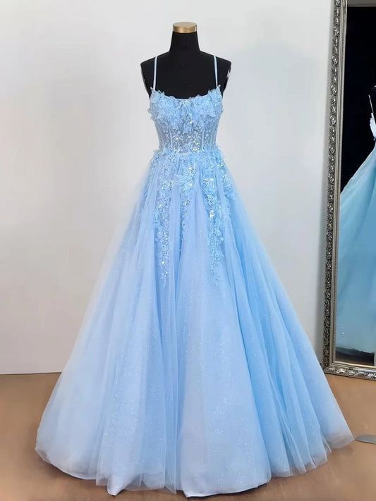 A-line Tulle Lace Floor Length Blue Prom Dress, Blue Formal Dress MD044