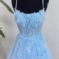 A-line Tulle Lace Floor Length Blue Prom Dress, Blue Formal Dress MD044