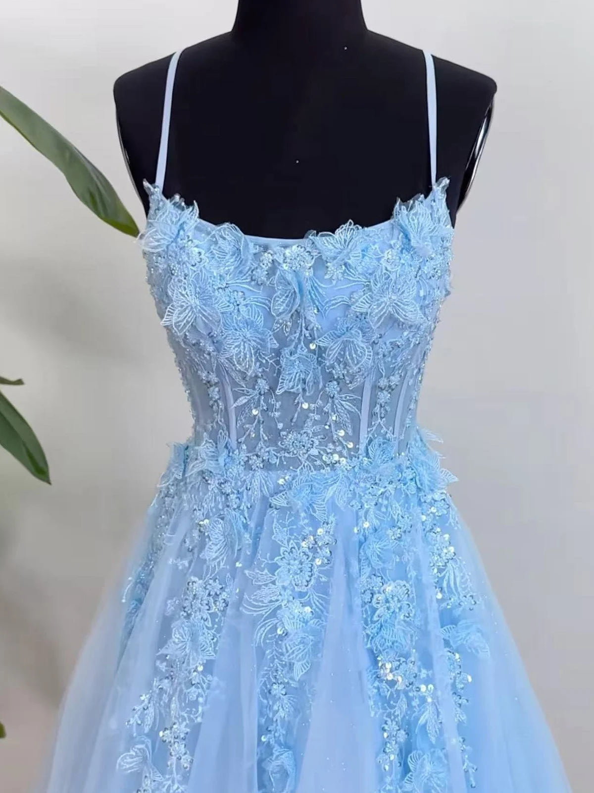 A-line Tulle Lace Floor Length Blue Prom Dress, Blue Formal Dress MD044