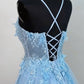 A-line Tulle Lace Floor Length Blue Prom Dress, Blue Formal Dress MD044