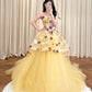 A-line Sweep Train Tulle Yellow Prom Dress with Lace Applique MD045