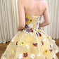 A-line Sweep Train Tulle Yellow Prom Dress with Lace Applique MD045