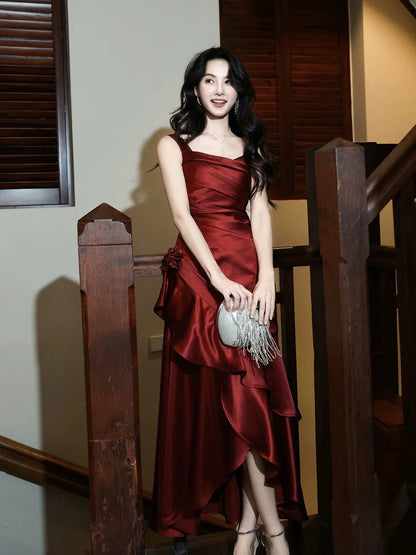 A-Line High Low Satin Burgundy Prom Dress with Flower MD046
