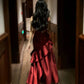 A-Line High Low Satin Burgundy Prom Dress with Flower MD046