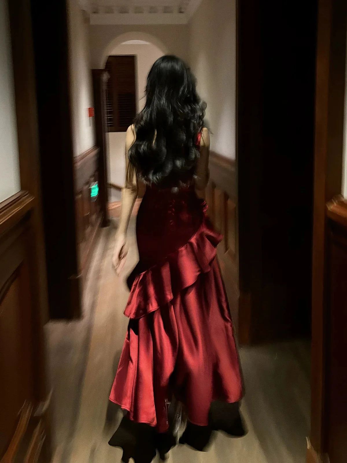 A-Line High Low Satin Burgundy Prom Dress with Flower MD046