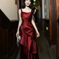 A-Line High Low Satin Burgundy Prom Dress with Flower MD046