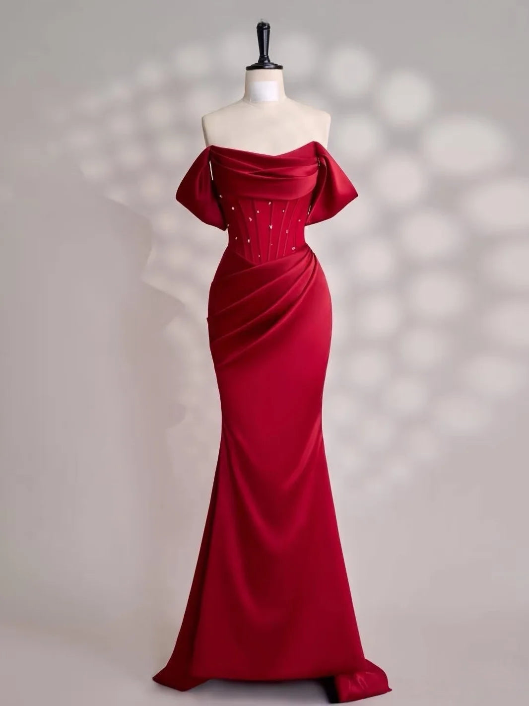 Mermaid Off Shoulder Satin Floor Length Burgundy Prom Dress with Beads MD047