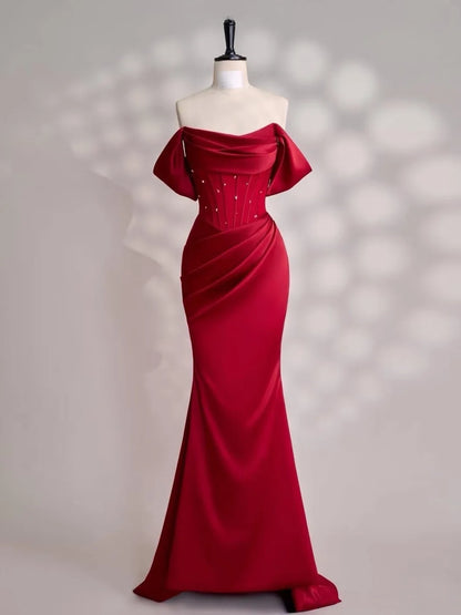 Mermaid Off Shoulder Satin Floor Length Burgundy Prom Dress with Beads MD047
