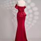 Mermaid Off Shoulder Satin Floor Length Burgundy Prom Dress with Beads MD047
