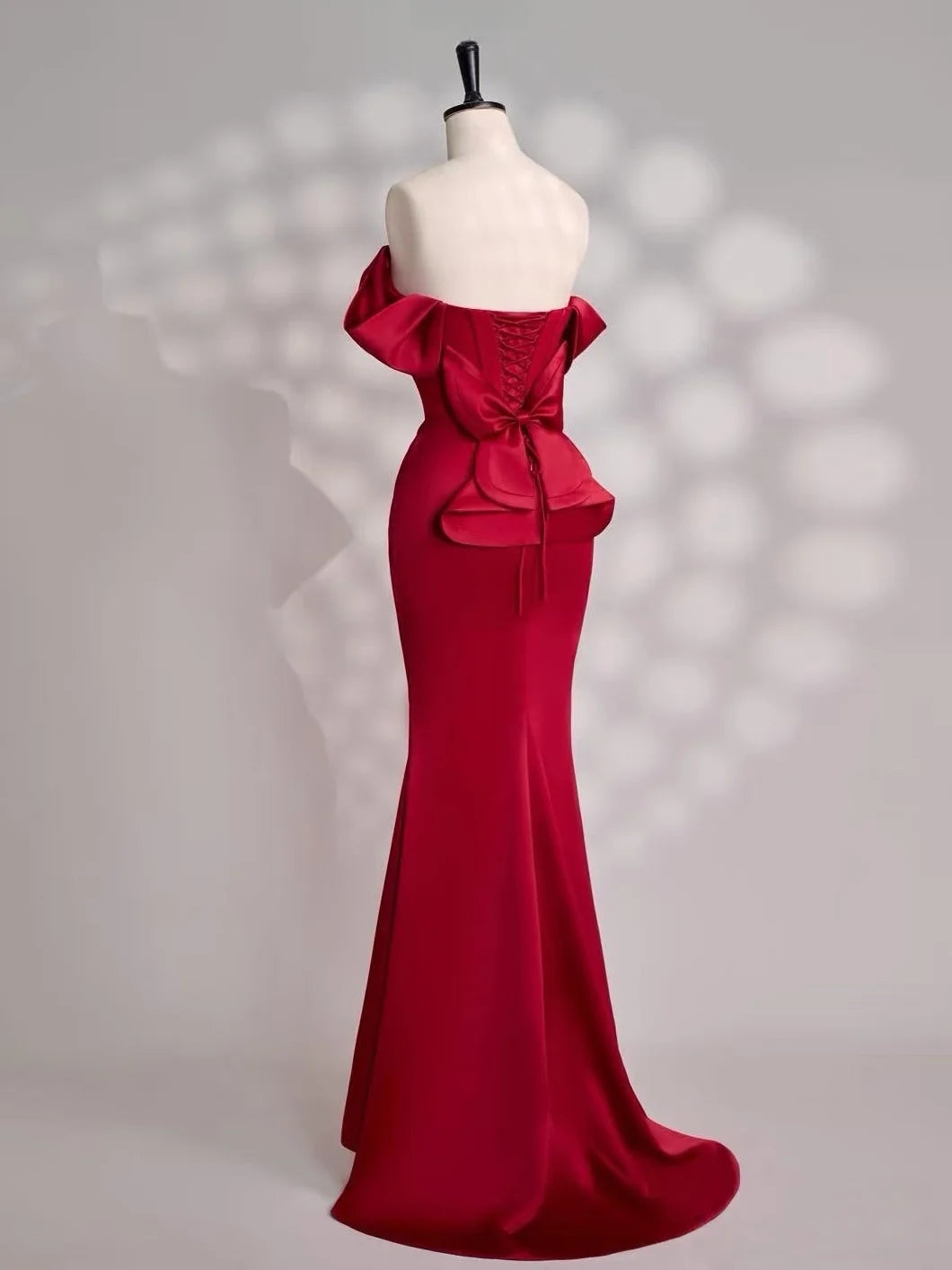 Mermaid Off Shoulder Satin Floor Length Burgundy Prom Dress with Beads MD047
