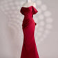 Mermaid Off Shoulder Satin Floor Length Burgundy Prom Dress with Beads MD047