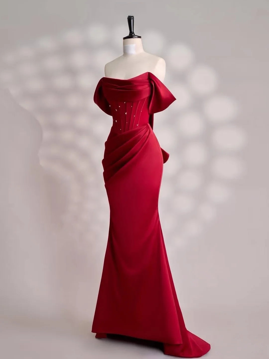 Mermaid Off Shoulder Satin Floor Length Burgundy Prom Dress with Beads MD047