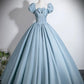 A-line Puff Sleeves Satin Floor Length Blue Long Prom Dress with Beads MD049