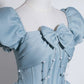 A-line Puff Sleeves Satin Floor Length Blue Long Prom Dress with Beads MD049