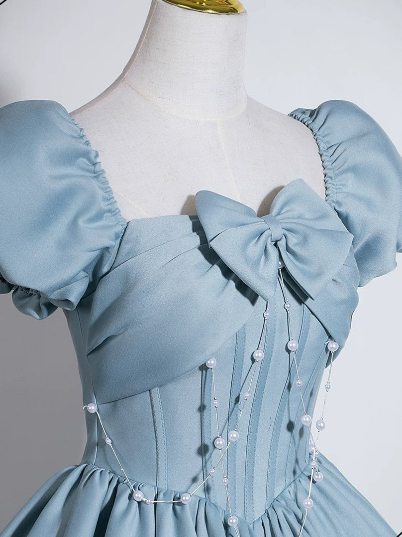 A-line Puff Sleeves Satin Floor Length Blue Long Prom Dress with Beads MD049