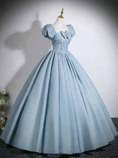 A-line Puff Sleeves Satin Floor Length Blue Long Prom Dress with Beads MD049
