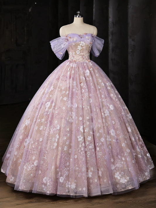 Langes, violettes Tüll-Spitzen-Abendkleid mit herzförmigem Ausschnitt und schulterfreier Optik MD050