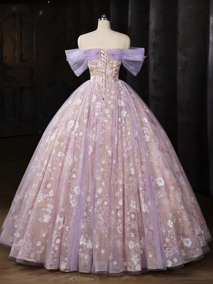 Sweetheart Off Shoulder Tulle Lace Purple Long Prom Dress MD050