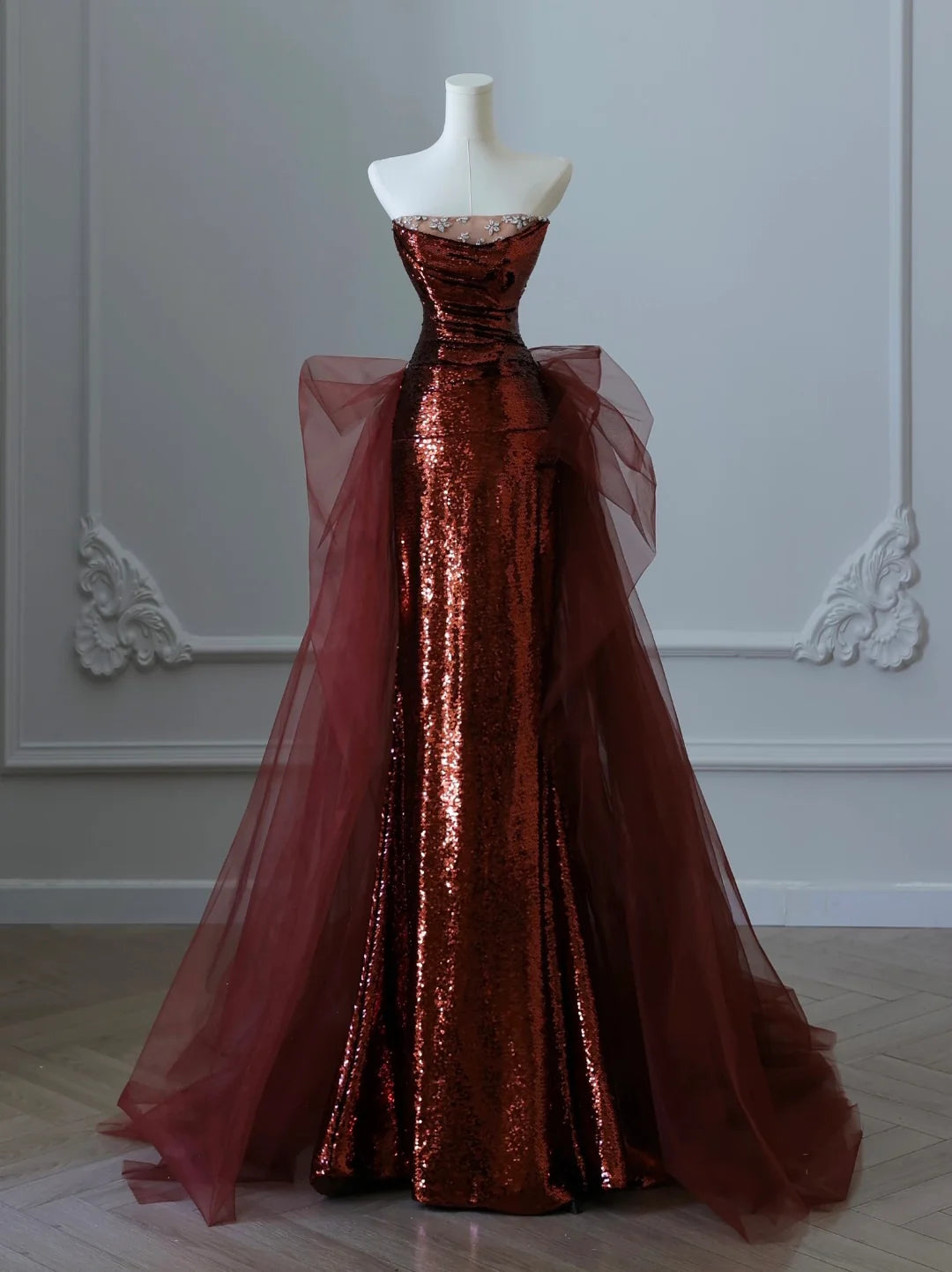A-Line Floor Length Tulle Sequin Burgundy Prom Dress, Burgundy Party Dress MD051