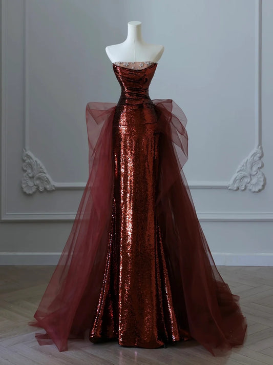 A-Line Floor Length Tulle Sequin Burgundy Prom Dress, Burgundy Party Dress MD051