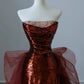 A-Line Floor Length Tulle Sequin Burgundy Prom Dress, Burgundy Party Dress MD051