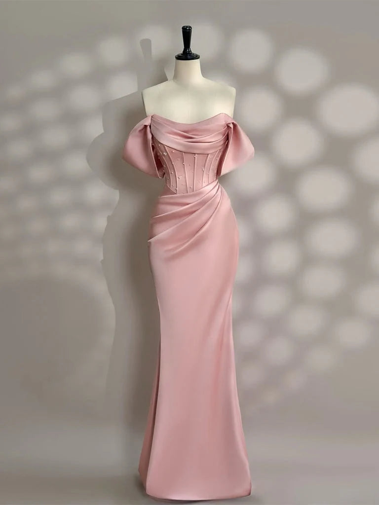 Mermaid Off Shoulder Satin Floor Length Pink Long Prom Dress with Beads MD052
