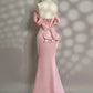 Mermaid Off Shoulder Satin Floor Length Pink Long Prom Dress with Beads MD052