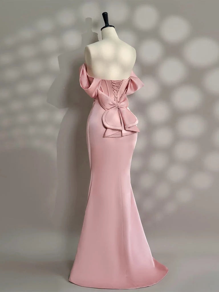 Mermaid Off Shoulder Satin Floor Length Pink Long Prom Dress with Beads MD052