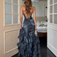 Mermaid V Neck Ruffles Floor Length Gray Blue Party Prom Dress MD053