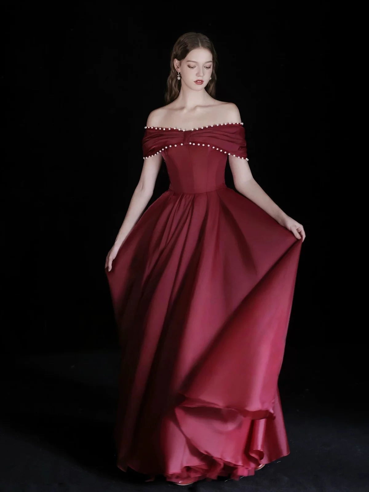 A-Line Off Shoulder Floor Length Burgundy Long Prom Dress with Beads MD054