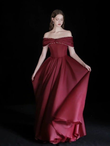 A-Line Off Shoulder Floor Length Burgundy Long Prom Dress with Beads MD054