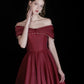 A-Line Off Shoulder Floor Length Burgundy Long Prom Dress with Beads MD054